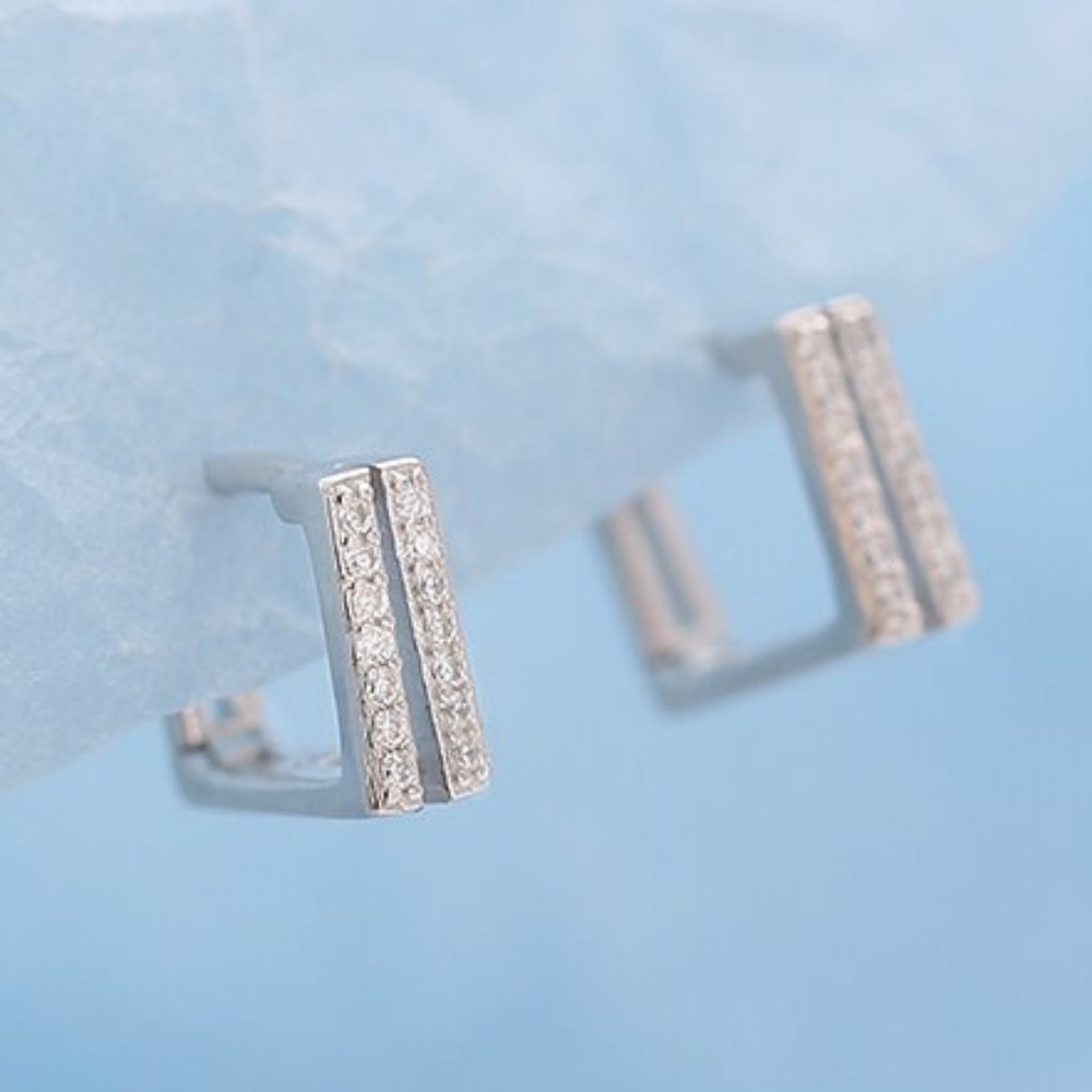 *925 Sterling Silver Diamond Square Hoop Earrigs - Picture 1 of 9